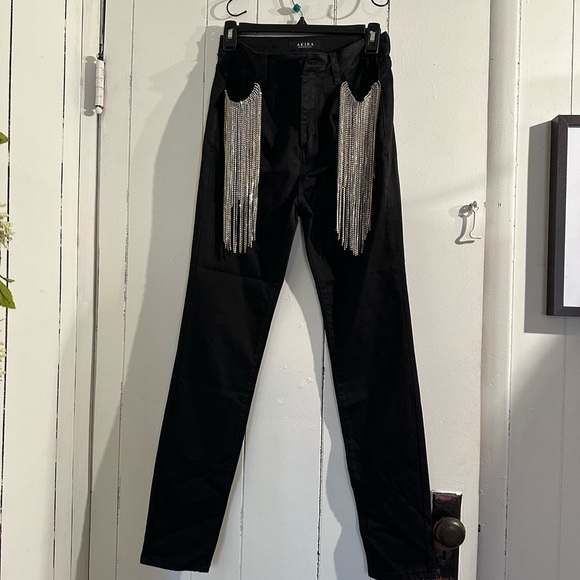 AKIRA Denim - AKIRA Black Jeans with Silver Rhienstone Fringe Detail